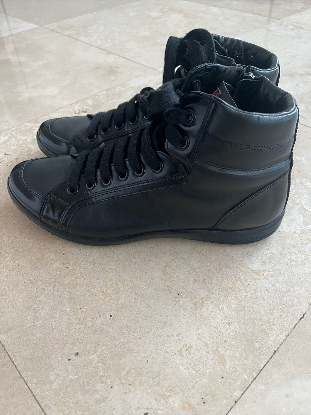 Prada Black Leather High Top Sneakers Red Logo Tab - Picture 2 of 10